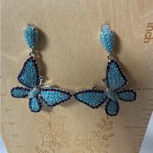 Y2K Silver Tone Butterfly Drop Earrings Blue Crystal Turquoise Statement 1.75"